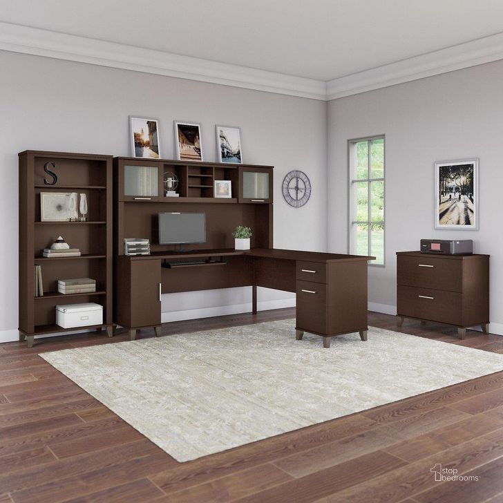 The appearance of Bush Furniture Somerset 72W L Shaped Desk with Hutch, Lateral File Cabinet and Bookcase in Mocha Cherry designed by Bush Furniture in the modern / contemporary interior design. This mocha cherry piece of furniture  was selected by 1StopBedrooms from Somerset Collection to add a touch of cosiness and style into your home. Sku: SET012MR. Product Type: Desk & Hutch. Image1