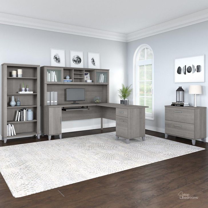 The appearance of Bush Furniture Somerset 72W L Shaped Desk with Hutch, Lateral File Cabinet and Bookcase in Platinum Gray designed by Bush Furniture in the modern / contemporary interior design. This platinum gray piece of furniture  was selected by 1StopBedrooms from Somerset Collection to add a touch of cosiness and style into your home. Sku: SET012PG. Product Type: Desk & Hutch. Image1