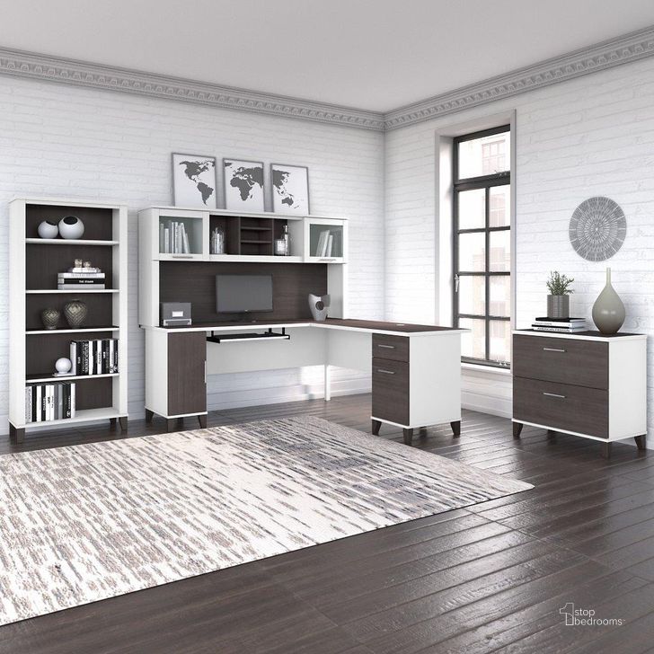The appearance of Bush Furniture Somerset 72W L Shaped Desk with Hutch, Lateral File Cabinet and Bookcase in White and Storm Gray designed by Bush Furniture in the modern / contemporary interior design. This storm gray and white piece of furniture  was selected by 1StopBedrooms from Somerset Collection to add a touch of cosiness and style into your home. Sku: SET012SGWH. Product Type: Desk & Hutch. Image1