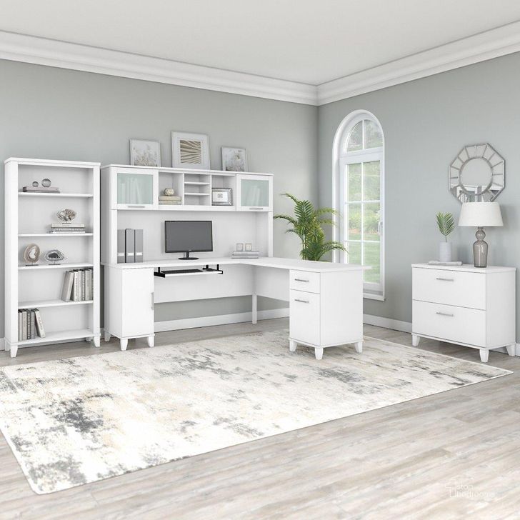 The appearance of Bush Furniture Somerset 72W L Shaped Desk with Hutch, Lateral File Cabinet and Bookcase in White designed by Bush Furniture in the modern / contemporary interior design. This white piece of furniture  was selected by 1StopBedrooms from Somerset Collection to add a touch of cosiness and style into your home. Sku: SET012WH. Product Type: Desk & Hutch. Image1