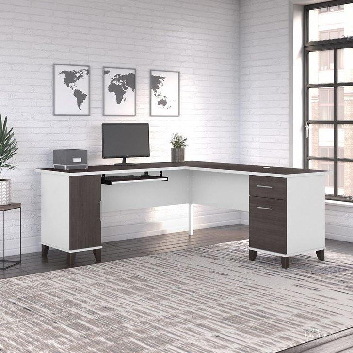 The appearance of Bush Furniture Somerset 72W L Shaped Desk with Storage in White and Storm Gray designed by Bush Furniture in the modern / contemporary interior design. This storm gray and white piece of furniture  was selected by 1StopBedrooms from Somerset Collection to add a touch of cosiness and style into your home. Sku: WC81010K. Product Type: Desk. Image1