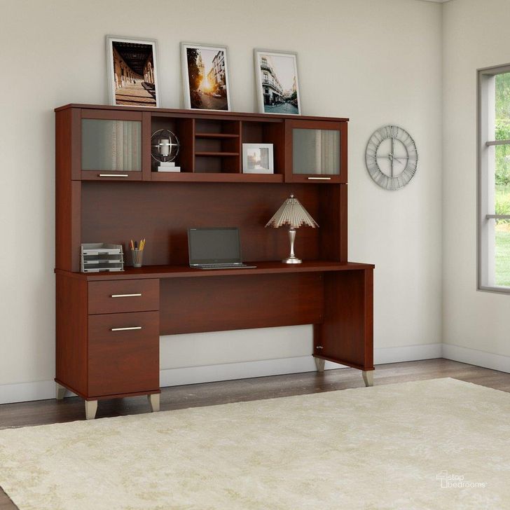 The appearance of Bush Furniture Somerset 72W Office Desk with Drawers and Hutch in Hansen Cherry designed by Bush Furniture in the modern / contemporary interior design. This hansen cherry piece of furniture  was selected by 1StopBedrooms from Somerset Collection to add a touch of cosiness and style into your home. Sku: SET018HC. Product Type: Desk & Hutch. Image1