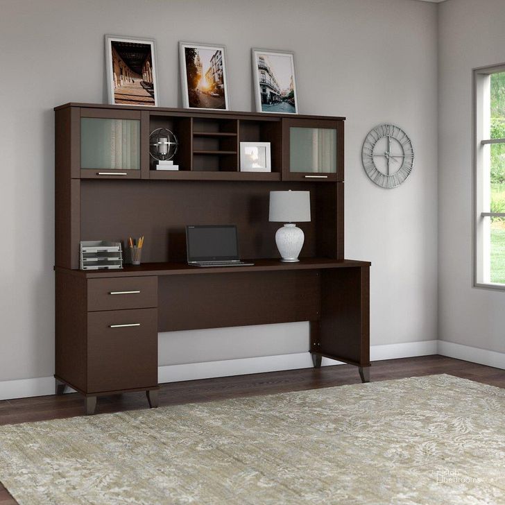 The appearance of Bush Furniture Somerset 72W Office Desk with Drawers and Hutch in Mocha Cherry designed by Bush Furniture in the modern / contemporary interior design. This mocha cherry piece of furniture  was selected by 1StopBedrooms from Somerset Collection to add a touch of cosiness and style into your home. Sku: SET018MR. Product Type: Desk & Hutch. Image1