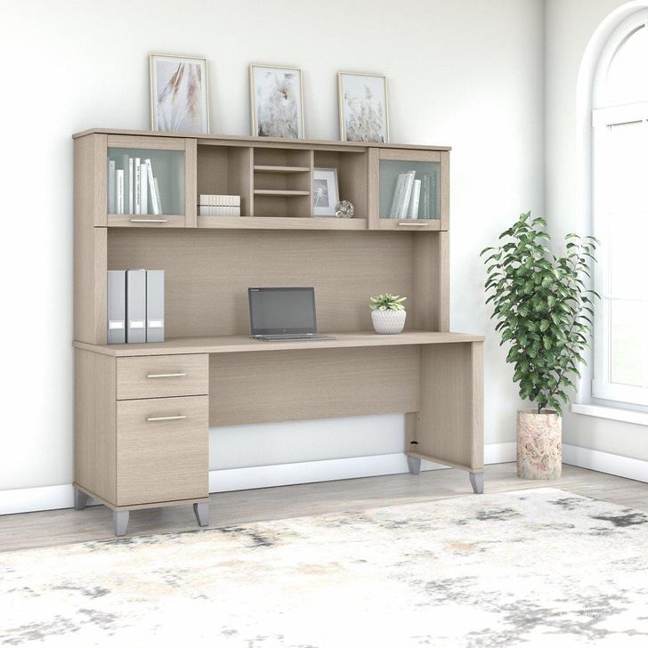 The appearance of Bush Furniture Somerset 72W Office Desk with Drawers and Hutch in Sand Oak designed by Bush Furniture in the modern / contemporary interior design. This sand oak piece of furniture  was selected by 1StopBedrooms from Somerset Collection to add a touch of cosiness and style into your home. Sku: SET018SO. Product Type: Desk & Hutch. Image1