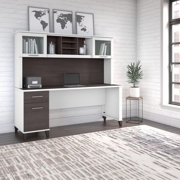 The appearance of Bush Furniture Somerset 72W Office Desk with Drawers and Hutch in White and Storm Gray designed by Bush Furniture in the modern / contemporary interior design. This storm gray and white piece of furniture  was selected by 1StopBedrooms from Somerset Collection to add a touch of cosiness and style into your home. Sku: SET018SGWH. Product Type: Desk & Hutch. Image1