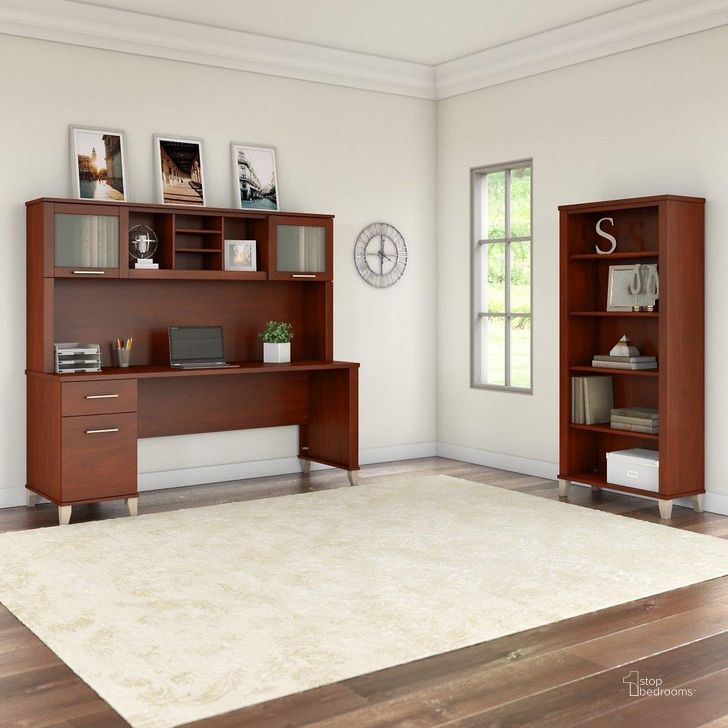 The appearance of Bush Furniture Somerset 72W Office Desk with Hutch and 5 Shelf Bookcase in Hansen Cherry designed by Bush Furniture in the modern / contemporary interior design. This hansen cherry piece of furniture  was selected by 1StopBedrooms from Somerset Collection to add a touch of cosiness and style into your home. Sku: SET020HC. Product Type: Desk & Hutch. Image1