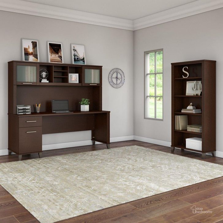 The appearance of Bush Furniture Somerset 72W Office Desk with Hutch and 5 Shelf Bookcase in Mocha Cherry designed by Bush Furniture in the modern / contemporary interior design. This mocha cherry piece of furniture  was selected by 1StopBedrooms from Somerset Collection to add a touch of cosiness and style into your home. Sku: SET020MR. Product Type: Desk & Hutch. Image1