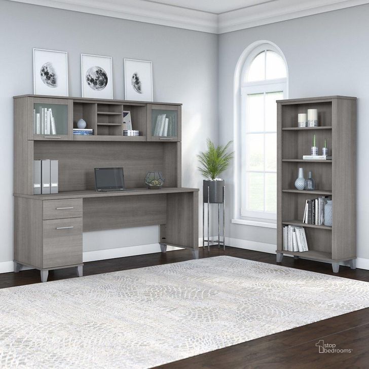 The appearance of Bush Furniture Somerset 72W Office Desk with Hutch and 5 Shelf Bookcase in Platinum Gray designed by Bush Furniture in the modern / contemporary interior design. This platinum gray piece of furniture  was selected by 1StopBedrooms from Somerset Collection to add a touch of cosiness and style into your home. Sku: SET020PG. Product Type: Desk & Hutch. Image1