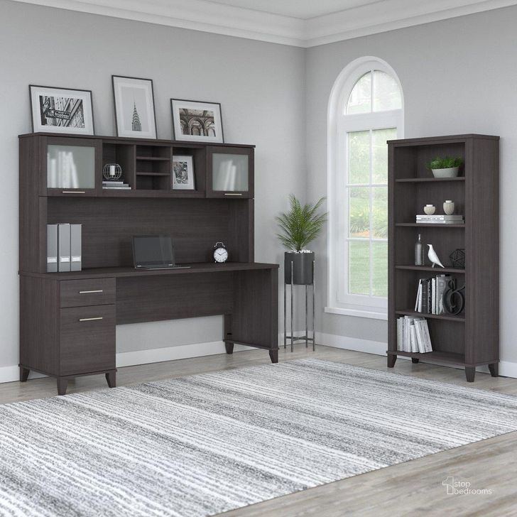 The appearance of Bush Furniture Somerset 72W Office Desk with Hutch and 5 Shelf Bookcase in Storm Gray designed by Bush Furniture in the modern / contemporary interior design. This storm gray piece of furniture  was selected by 1StopBedrooms from Somerset Collection to add a touch of cosiness and style into your home. Sku: SET020SG. Product Type: Desk & Hutch. Image1