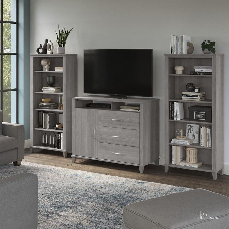 The appearance of Bush Furniture Somerset Entertainment Center in Platinum Gray designed by Bush Furniture in the modern / contemporary interior design. This platinum gray piece of furniture  was selected by 1StopBedrooms from Somerset Collection to add a touch of cosiness and style into your home. Sku: SET039PG. Product Type: Entertainment Center. Image1