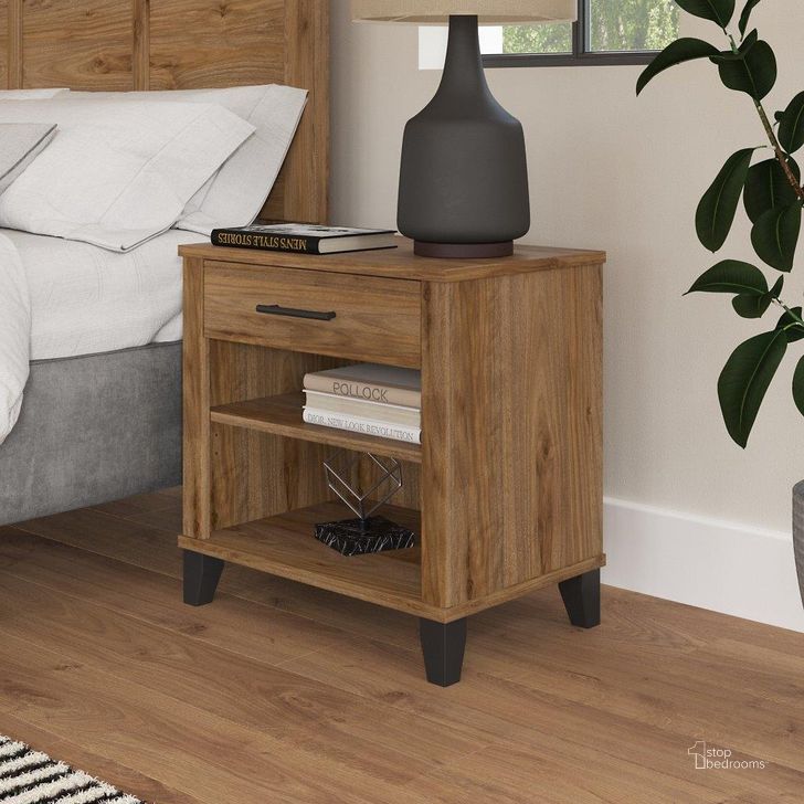 The appearance of Bush Furniture Somerset Nightstand With Drawer And Shelves In Fresh Walnut designed by Bush Furniture in the modern / contemporary interior design. This fresh walnut piece of furniture  was selected by 1StopBedrooms from Somerset Collection to add a touch of cosiness and style into your home. Sku: STS119FW. Product Type: Nightstand. Image1