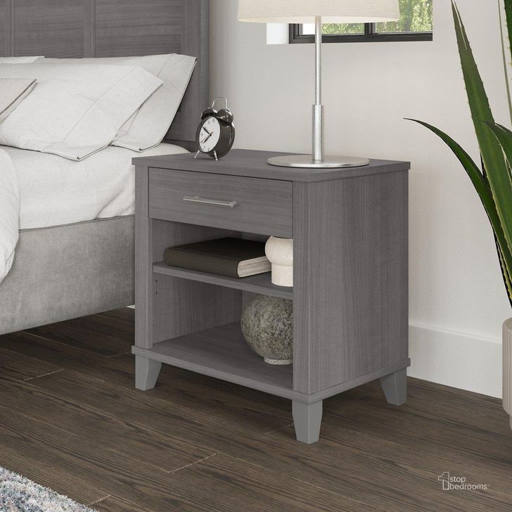 The appearance of Bush Furniture Somerset Nightstand With Drawer And Shelves In Platinum Gray designed by Bush Furniture in the modern / contemporary interior design. This platinum gray piece of furniture  was selected by 1StopBedrooms from Somerset Collection to add a touch of cosiness and style into your home. Sku: STS119PG. Product Type: Nightstand. Image1