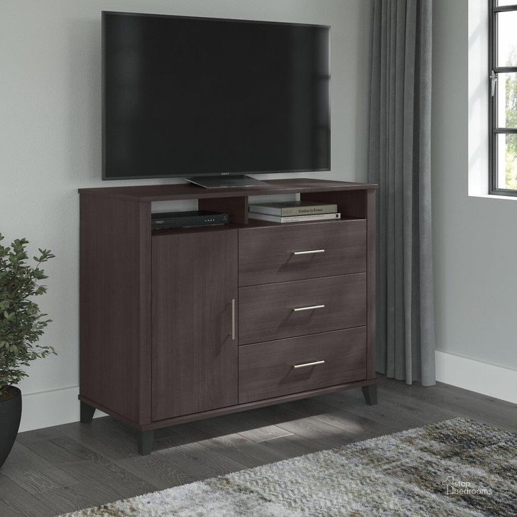 The appearance of Bush Furniture Somerset Storage 3 Drawer Dresser And Bedroom Tv Stand In Storm Gray designed by Bush Furniture in the modern / contemporary interior design. This storm gray piece of furniture  was selected by 1StopBedrooms from Somerset Collection to add a touch of cosiness and style into your home. Sku: STV148SGK. Product Type: Dresser. Image1