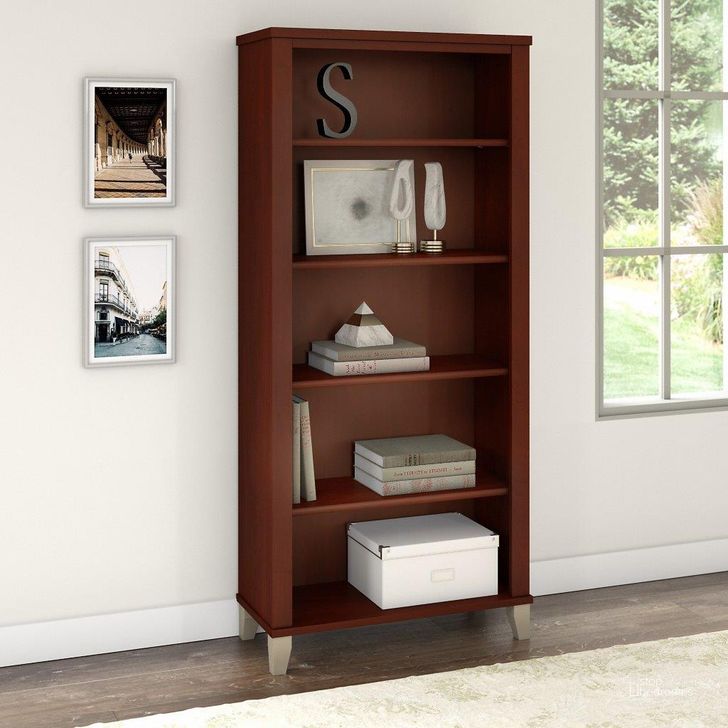 The appearance of Bush Furniture Somerset Tall 5 Shelf Bookcase in Hansen Cherry designed by Bush Furniture in the modern / contemporary interior design. This hansen cherry piece of furniture  was selected by 1StopBedrooms from Somerset Collection to add a touch of cosiness and style into your home. Sku: WC81765. Product Type: Bookcase. Image1