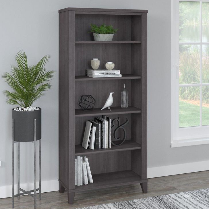 The appearance of Bush Furniture Somerset Tall 5 Shelf Bookcase in Storm Gray designed by Bush Furniture in the modern / contemporary interior design. This storm gray piece of furniture  was selected by 1StopBedrooms from Somerset Collection to add a touch of cosiness and style into your home. Sku: WC81565. Product Type: Bookcase. Image1