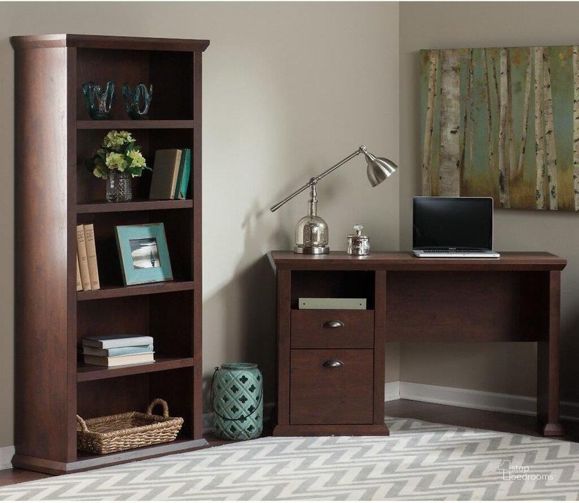 The appearance of Bush Furniture Yorktown 50W Home Office Desk With 5 Shelf Bookcase In Antique Cherry designed by Bush Furniture in the country / farmhouse interior design. This antique cherry piece of furniture  was selected by 1StopBedrooms from Yorktown Collection to add a touch of cosiness and style into your home. Sku: YRK010ANC. Product Type: Office Desk. Image1