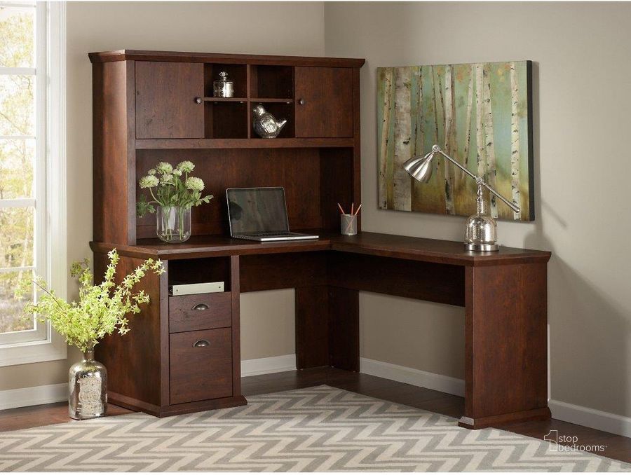 The appearance of Bush Furniture Yorktown 60W L Shaped Desk With Hutch In Antique Cherry designed by Bush Furniture in the country / farmhouse interior design. This antique cherry piece of furniture  was selected by 1StopBedrooms from Yorktown Collection to add a touch of cosiness and style into your home. Sku: YRK001ANC. Product Type: Desk & Hutch. Image1