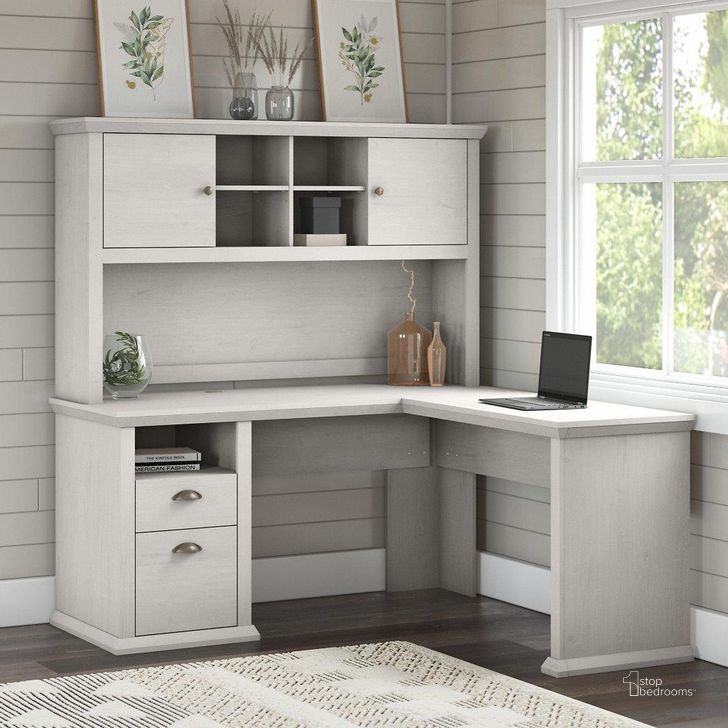The appearance of Bush Furniture Yorktown 60W L Shaped Desk With Hutch In Linen White Oak designed by Bush Furniture in the country / farmhouse interior design. This white piece of furniture  was selected by 1StopBedrooms from Yorktown Collection to add a touch of cosiness and style into your home. Sku: YRK001LW. Product Type: Desk & Hutch. Image1