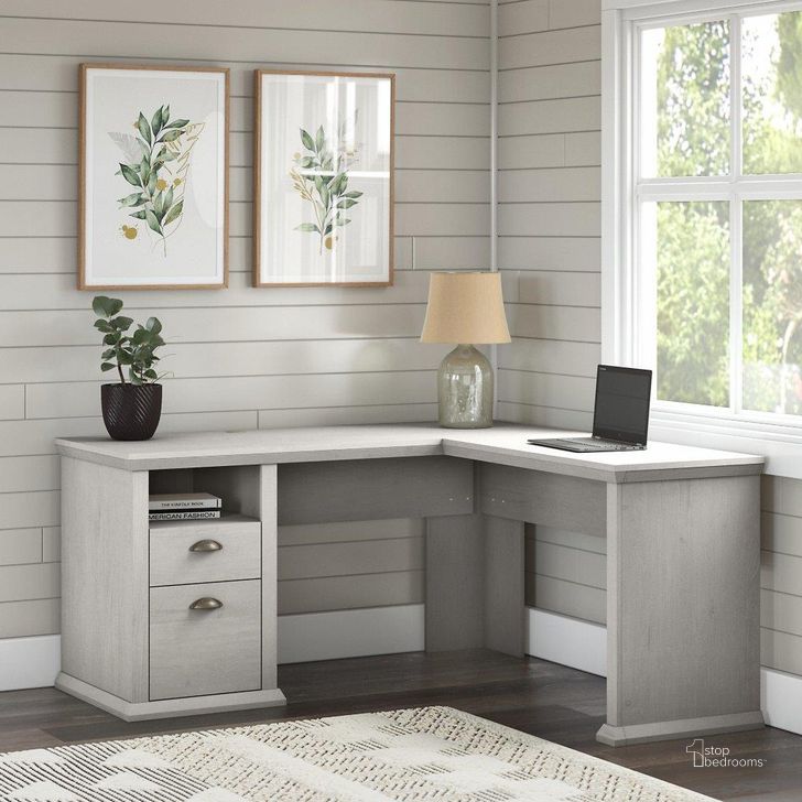 The appearance of Bush Furniture Yorktown 60W L Shaped Desk With Storage In Linen White Oak designed by Bush Furniture in the country / farmhouse interior design. This white piece of furniture  was selected by 1StopBedrooms from Yorktown Collection to add a touch of cosiness and style into your home. Sku: WC40430-03. Product Type: Desk. Image1