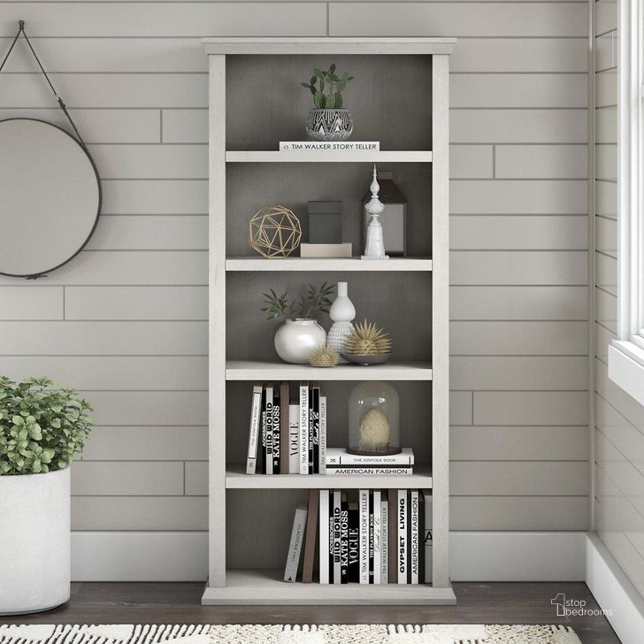The appearance of Bush Furniture Yorktown Tall 5 Shelf Bookcase In Linen White Oak designed by Bush Furniture in the country / farmhouse interior design. This white piece of furniture  was selected by 1StopBedrooms from Yorktown Collection to add a touch of cosiness and style into your home. Sku: WC40466-03. Product Type: Bookcase. Image1