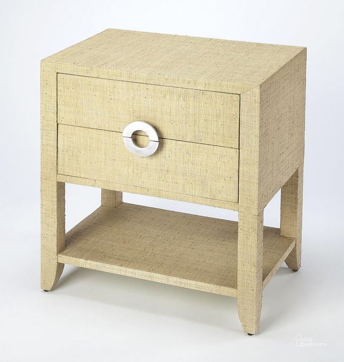 The appearance of Butler Amelle Cream Raffia End Table designed by Butler Specialty Company in the modern / contemporary interior design. This beige piece of furniture  was selected by 1StopBedrooms from Loft Collection to add a touch of cosiness and style into your home. Sku: 4357349. Product Type: End Table. Material: Plywood. Image1