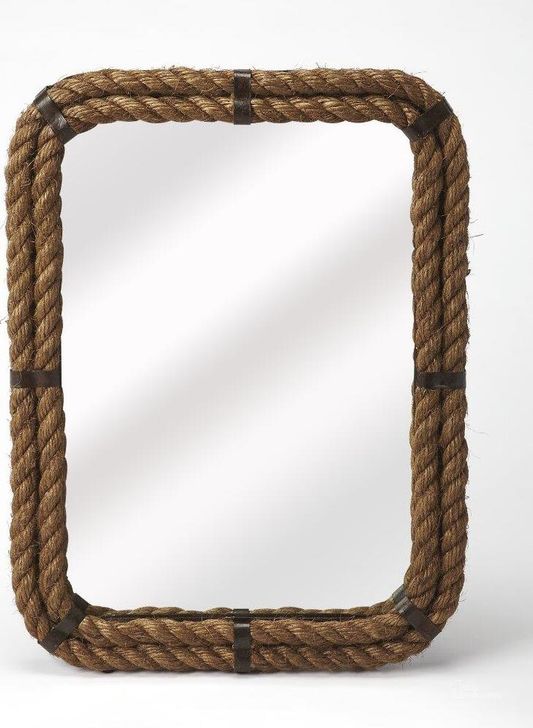 The appearance of Butler Darby Rectangular Rope Wall Mirror designed by Butler Specialty Company in the transitional interior design. This light brown piece of furniture  was selected by 1StopBedrooms from Mountain Lodge Collection to add a touch of cosiness and style into your home. Sku: 3962120. Product Type: Wall Mirror. Material: Iron. Image1