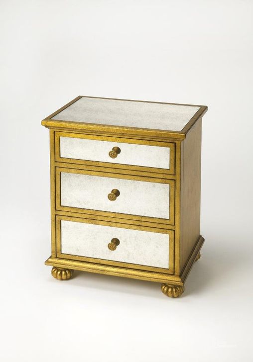 The appearance of Butler Grable Gold Leaf Accent Chest designed by Butler Specialty Company in the transitional interior design. This gold piece of furniture  was selected by 1StopBedrooms from Grable Collection to add a touch of cosiness and style into your home. Sku: 3519332. Product Type: Accent Chest. Material: Poplar. Image1