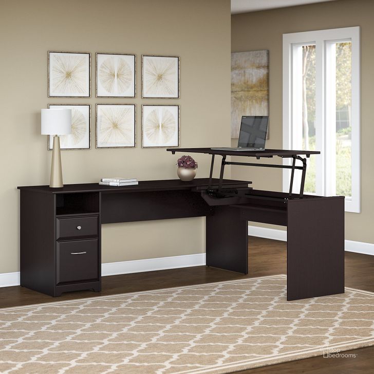 The appearance of Cabot Espresso Oak Sit To Stand Desk designed by Bush Furniture in the traditional interior design. This brown piece of furniture  was selected by 1StopBedrooms from Cabot Collection to add a touch of cosiness and style into your home. Sku: CAB050EPO. Product Type: Writing Desk.