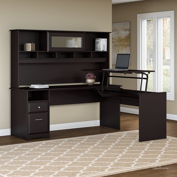 The appearance of Cabot Espresso Oak Sit To Stand Desk with Hutch designed by Bush Furniture in the traditional interior design. This brown piece of furniture  was selected by 1StopBedrooms from Cabot Collection to add a touch of cosiness and style into your home. Sku: CAB052EPO. Product Type: Desk & Hutch.