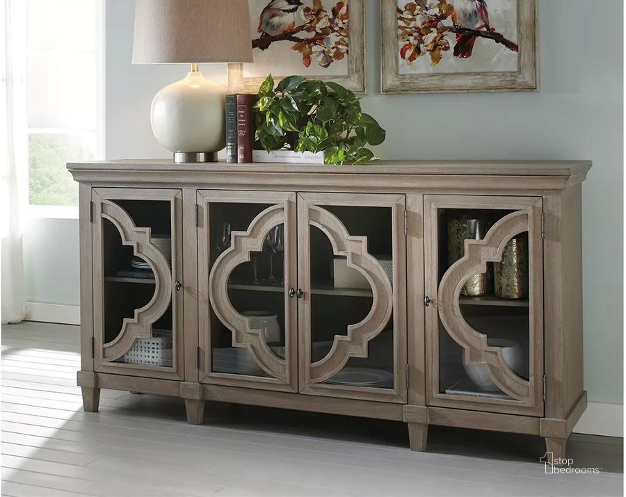 The appearance of Caedmon Gray Accent Chest and Cabinet designed by Bennett Interiors in the transitional interior design. This gray piece of furniture  was selected by 1StopBedrooms from Caedmon Collection to add a touch of cosiness and style into your home. Sku: A4000037. Material: Glass. Product Type: Accent Cabinet. Image1