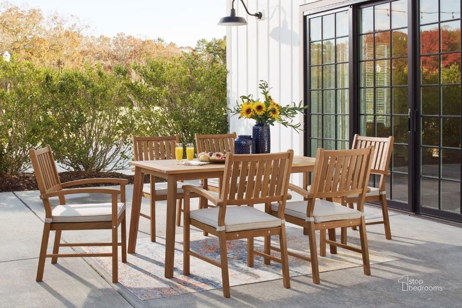 The appearance of Cai Light Brown Outdoor Dining Set Outdoor Dining Furniture Set 0qd24495615 designed by Off 5th Home in the transitional interior design. This light brown piece of furniture  was selected by 1StopBedrooms from Cai Collection to add a touch of cosiness and style into your home. Sku: P407-625;P407-601A. Material: Wood. Table Top Shape: Rectangular. Product Type: Outdoor Dining Set. Image1