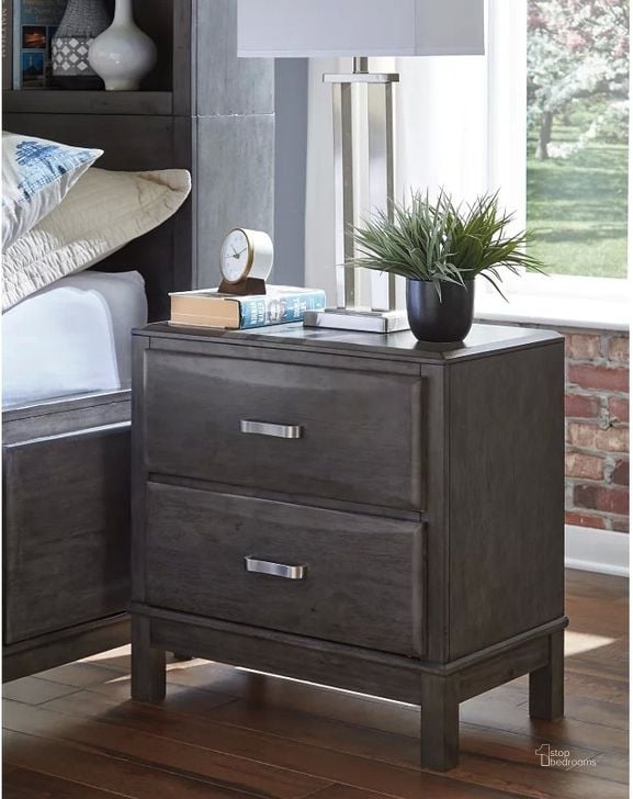 The appearance of Caitbrook Gray Two Drawer Nightstand designed by Signature Design by Ashley in the modern / contemporary interior design. This gray piece of furniture  was selected by 1StopBedrooms from Caitbrook Collection to add a touch of cosiness and style into your home. Sku: B476-92. Material: Wood. Product Type: Nightstand. Image1