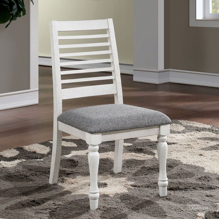 The appearance of Calabria Side Chair In Antique White and Gray designed by Furniture of America in the rustic / southwestern interior design. This white/gray piece of furniture  was selected by 1StopBedrooms from Calabria Collection to add a touch of cosiness and style into your home. Sku: FOA3908SC-2PK. Material: Wood. Product Type: Side Chair. Image1