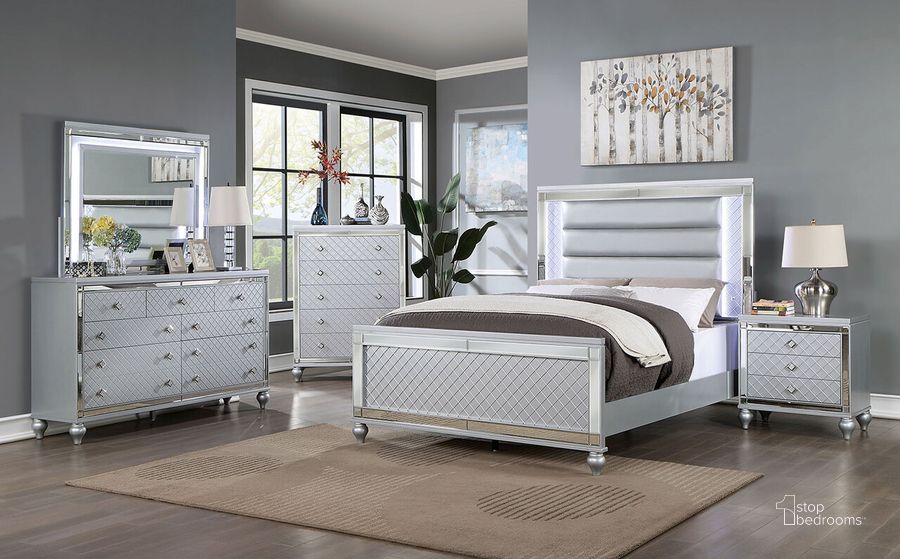 The appearance of Calandria Eastern King Bed In Silver designed by Furniture of America in the modern / contemporary interior design. This silver piece of furniture  was selected by 1StopBedrooms from Calandria Collection to add a touch of cosiness and style into your home. Sku: CM7320SV-K-HB;CM7320SV-K-FB;CM7320SV-EK-R. Bed Type: Panel Bed. Material: Wood. Product Type: Panel Bed. Bed Size: King. Image1
