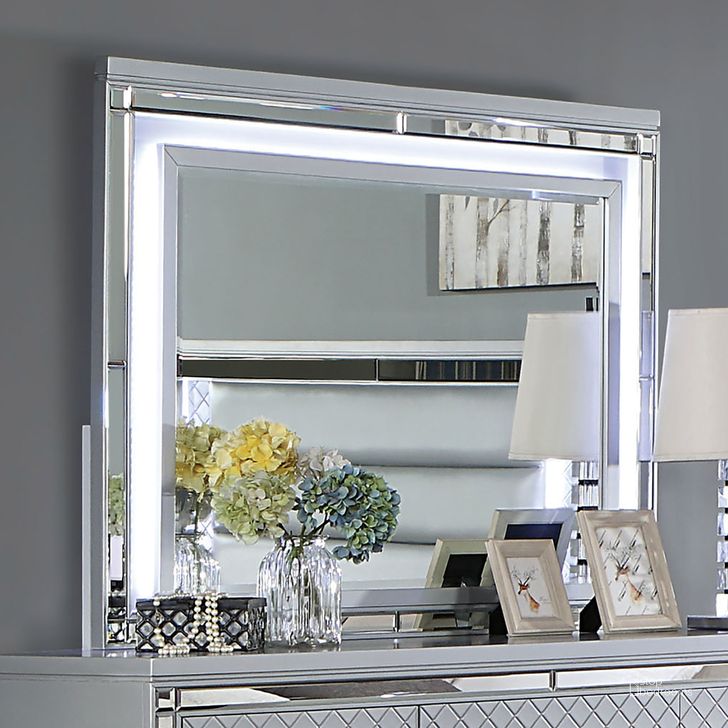 The appearance of Calandria Mirror With Led In Silver designed by Furniture of America in the modern / contemporary interior design. This silver piece of furniture  was selected by 1StopBedrooms from Calandria Collection to add a touch of cosiness and style into your home. Sku: CM7320SV-M. Material: Wood. Product Type: Accent Mirror. Image1