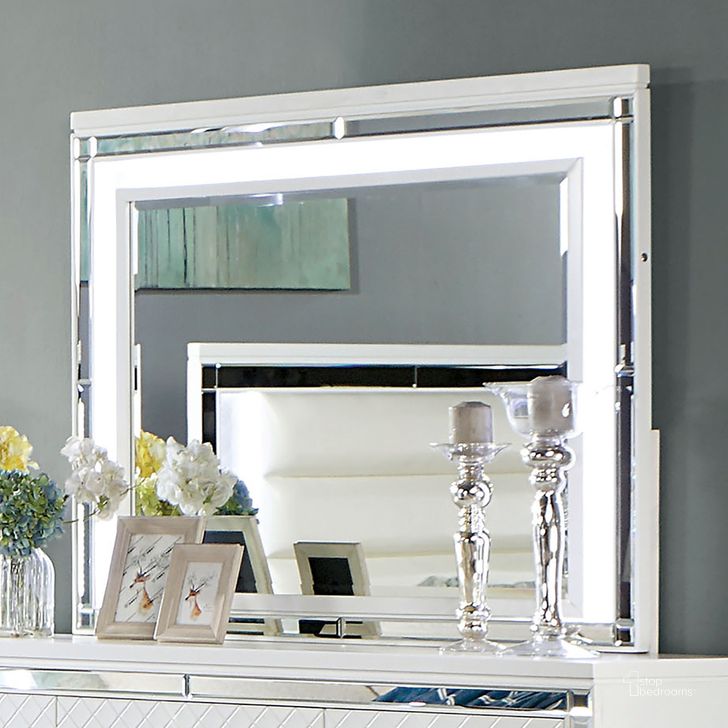The appearance of Calandria Mirror With Led In White designed by Furniture of America in the modern / contemporary interior design. This white piece of furniture  was selected by 1StopBedrooms from Calandria Collection to add a touch of cosiness and style into your home. Sku: CM7320WH-M. Material: Wood. Product Type: Accent Mirror. Image1