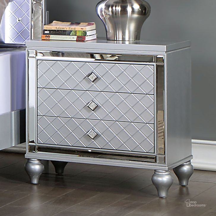 The appearance of Calandria Night Stand In Silver designed by Furniture of America in the modern / contemporary interior design. This silver piece of furniture  was selected by 1StopBedrooms from Calandria Collection to add a touch of cosiness and style into your home. Sku: CM7320SV-N. Material: Wood. Product Type: Nightstand. Image1