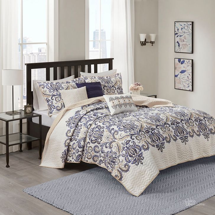 The appearance of Cali Polyester Microfiber Printed Quilt 6Pcs King Coverlet Set In Blue designed by Olliix in the transitional interior design. This blue piece of furniture  was selected by 1StopBedrooms from Cali Collection to add a touch of cosiness and style into your home. Sku: MP13-1522. Material: Polyester. Bed Size: King. Product Type: Coverlet Set. Image1
