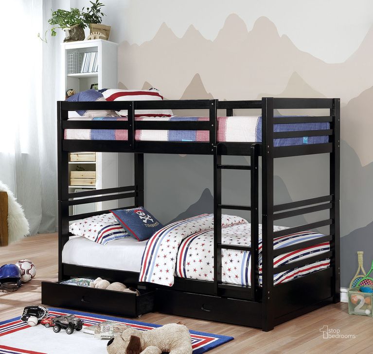 The appearance of California Twin Over Twin Bunk Bed In Black designed by Furniture of America in the transitional interior design. This black piece of furniture  was selected by 1StopBedrooms from California Collection to add a touch of cosiness and style into your home. Sku: CM-BK588T-BK-1;CM-BK588T-BK-2;CM-BK588T-BK-3. Bed Type: Bunk Bed. Material: Wood. Product Type: Bunk Bed. Bed Size: Twin Over Twin.