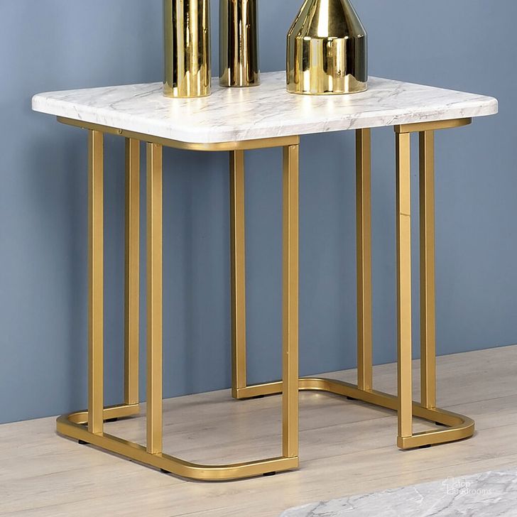 The appearance of Calista End Table In Gold and White designed by Furniture of America in the modern / contemporary interior design. This gold/white piece of furniture  was selected by 1StopBedrooms from Calista Collection to add a touch of cosiness and style into your home. Sku: CM4564WH-E. Material: Steel. Product Type: End Table. Image1