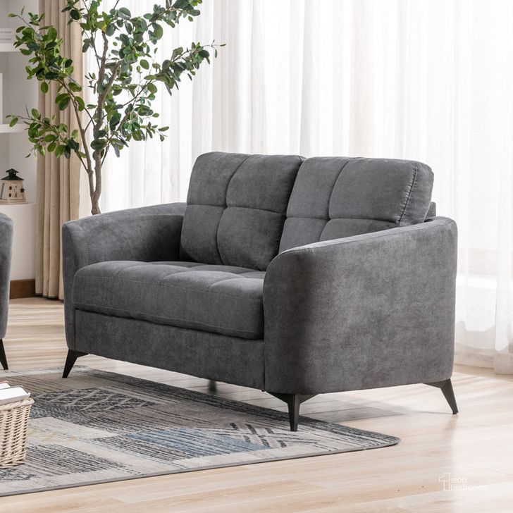 The appearance of Callie Gray Velvet Fabric Loveseat designed by Lilola Home in the modern / contemporary interior design. This gray piece of furniture  was selected by 1StopBedrooms from Callie Collection to add a touch of cosiness and style into your home. Sku: 89727-L. Product Type: Loveseat. Material: Velvet. Image1