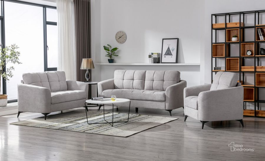 The appearance of Callie Light Gray Velvet Fabric Sofa Loveseat Chair Living Room Set designed by Lilola Home in the modern / contemporary interior design. This light gray piece of furniture  was selected by 1StopBedrooms from Callie Collection to add a touch of cosiness and style into your home. Sku: 89727LG. Product Type: Living Room Set. Material: Velvet. Image1