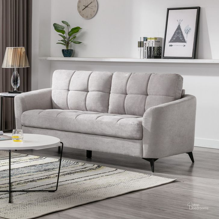 The appearance of Callie Light Gray Velvet Fabric Sofa designed by Lilola Home in the modern / contemporary interior design. This light gray piece of furniture  was selected by 1StopBedrooms from Callie Collection to add a touch of cosiness and style into your home. Sku: 89727LG-S. Product Type: Sofa. Material: Velvet. Image1