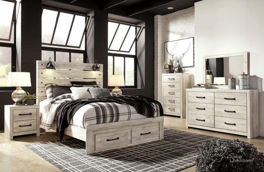 The appearance of Cambeck Whitewash Panel Storage Bedroom Set designed by Signature Design by Ashley in the rustic / southwestern interior design. This white wash piece of furniture  was selected by 1StopBedrooms from Cambeck Collection to add a touch of cosiness and style into your home. Sku: B192-54S;B192-57;B192-96;B192-92. Bed Type: Storage Bed. Material: Wood. Product Type: Storage Bed. Bed Size: Queen. Image1
