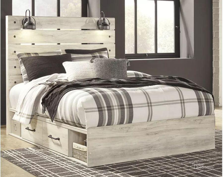The appearance of Cambeck Whitewash Queen Panel Bed with One Side Storage designed by Signature Design by Ashley in the rustic / southwestern interior design. This white wash piece of furniture  was selected by 1StopBedrooms from Cambeck Collection to add a touch of cosiness and style into your home. Sku: B192-160;B192-54;B192-57;B100-13. Bed Type: Storage Bed. Material: Wood. Product Type: Storage Bed. Bed Size: Queen. Image1
