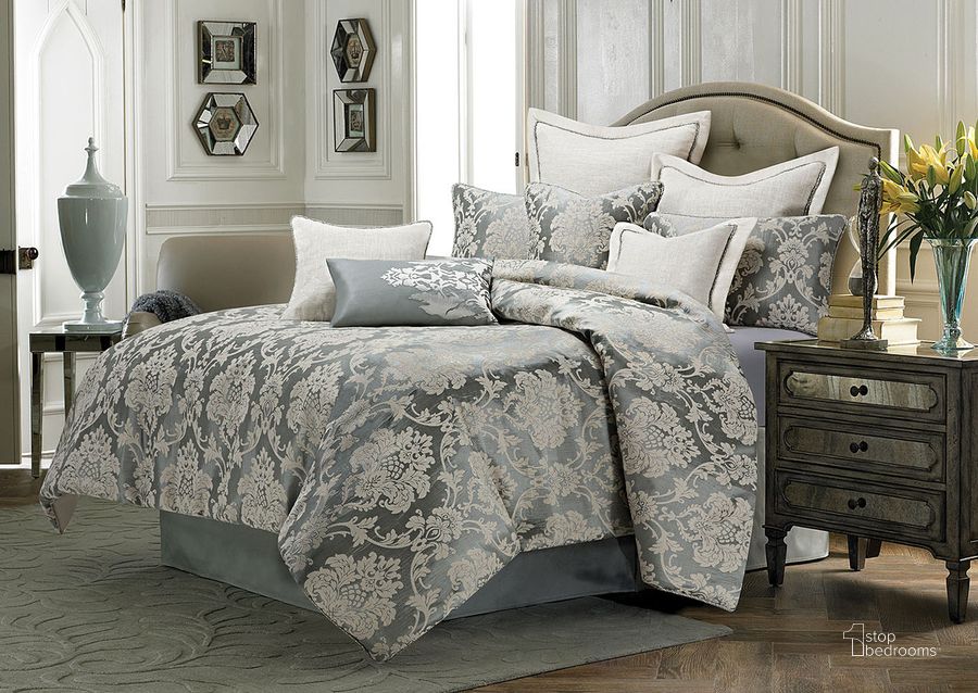 The appearance of Cambria 9 Piece Queen Comforter Set In Mineral designed by AICO in the transitional interior design. This mineral piece of furniture  was selected by 1StopBedrooms from Cambria Collection to add a touch of cosiness and style into your home. Sku: BCS-QS09-CMBRI-MNR. Material: Polyester. Product Type: Comforter Set.