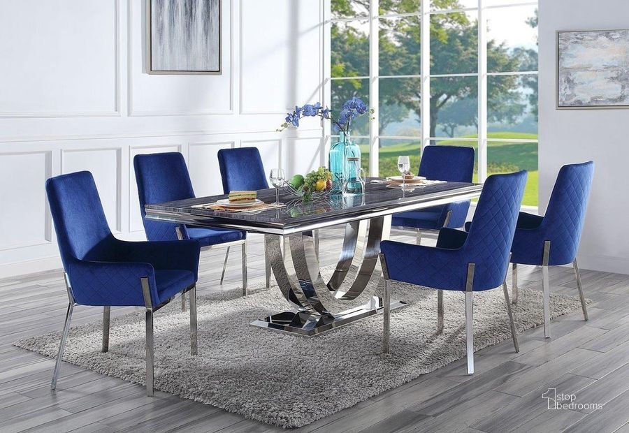 The appearance of Cambrie Dining Room Set designed by ACME in the modern / contemporary interior design. This silver piece of furniture  was selected by 1StopBedrooms from Cambrie Collection to add a touch of cosiness and style into your home. Sku: DN00221-1;DN00221-2;DN00221-3;DN00221-4;DN00222. Table Base Style: Trestle. Product Type: Dining Room Set. Table Top Shape: Rectangular. Material: Stainless Steel. Size: 79". Image1