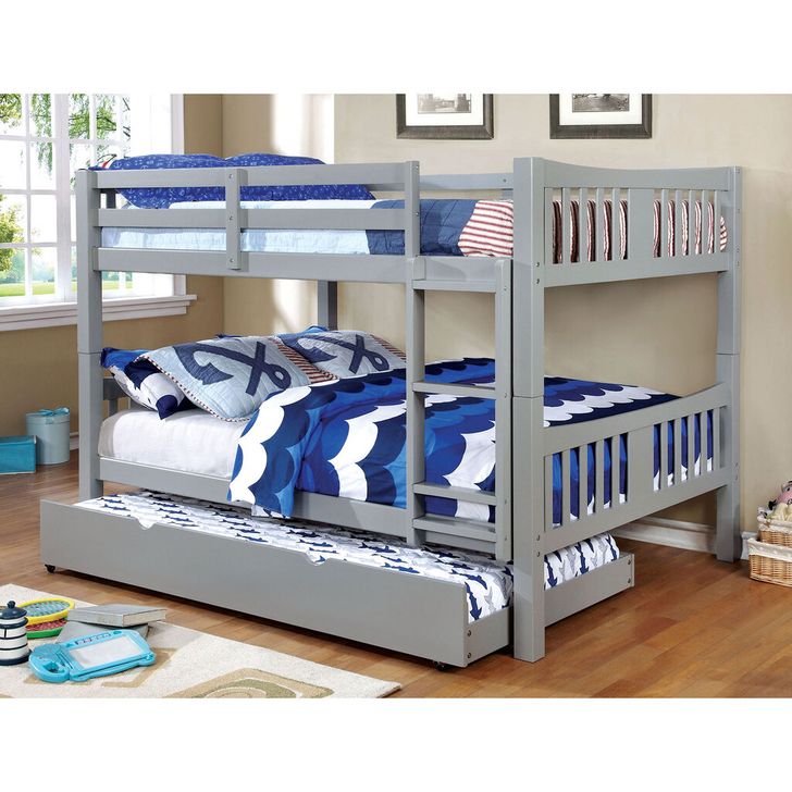 The appearance of Cameron Full Over Full Bunk Bed In Gray designed by Furniture of America in the transitional interior design. This gray piece of furniture  was selected by 1StopBedrooms from Cameron Collection to add a touch of cosiness and style into your home. Sku: CM-BK929F-GY-1-VN;CM-BK929F-GY-2-VN;CM-BK929F-GY-3-VN. Bed Type: Bunk Bed. Material: Wood. Product Type: Bunk Bed. Bed Size: Full Over Full.