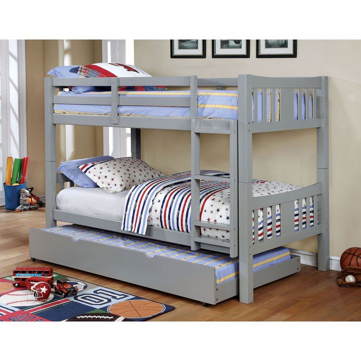 The appearance of Cameron Twin Over Twin Bunk Bed In Gray designed by Furniture of America in the transitional interior design. This gray piece of furniture  was selected by 1StopBedrooms from Cameron Collection to add a touch of cosiness and style into your home. Sku: CM-BK929GY-1-VN;CM-BK929GY-2-VN. Bed Type: Bunk Bed. Material: Wood. Product Type: Bunk Bed. Bed Size: Twin Over Twin.