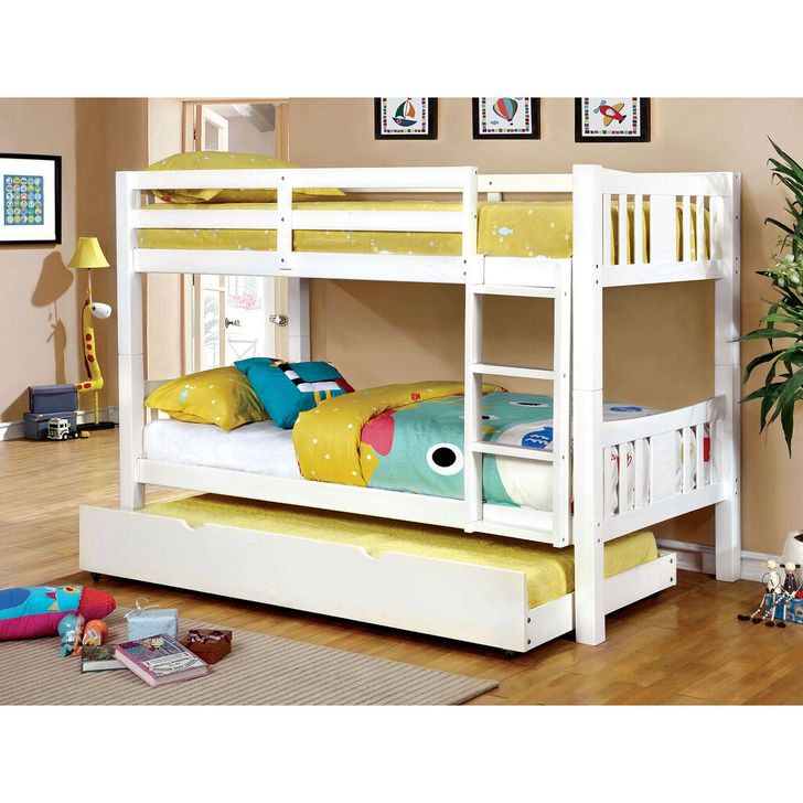 The appearance of Cameron Twin Over Twin Bunk Bed In White designed by Furniture of America in the transitional interior design. This white piece of furniture  was selected by 1StopBedrooms from Cameron Collection to add a touch of cosiness and style into your home. Sku: CM-BK929WH-1-VN;CM-BK929WH-2-VN. Bed Type: Bunk Bed. Material: Wood. Product Type: Bunk Bed. Bed Size: Twin Over Twin. Image1